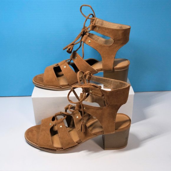 Old Navy Shoes - Old Navy- Light Brown faux Leather Suede Gladiator Tie Up Sandals Sz. 8